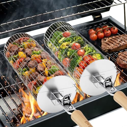 TNTOR Rolling Grill Basket, Larger 304 Stainless Steel Nesting Grilling Net, Removable Handle, BBQ Grilling Accessories Tools for Veg Shrimp, Outdoor Cooking Camping grilling gifts for men Dad Husband - Image 1