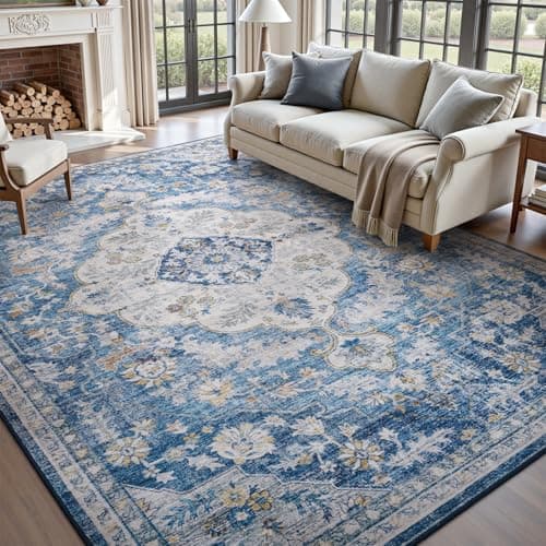 tchdio 5x7 Area Rugs for Living Room, Vintage Non Slip Washable Rug, Soft Low Pile Area Rug Large Floor Indoor Carpet for Bedroom, Dining Room, Office (Blue, 5'x7') - Image 1