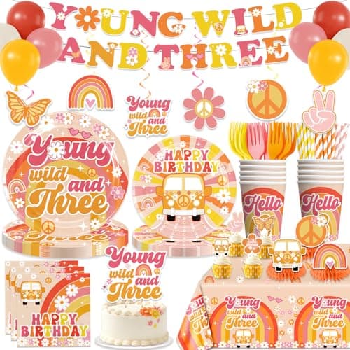 Yingoto 362pcs Young Wild and Three Party Decorations Tableware Set, 25pcs Wild and Three Party Decorations Plate Napkins Tablecloth for 3 Year Old Birthday Decorations Girl, 50 Guests - Image 1