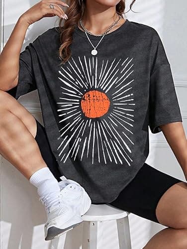 Womens Oversized Tee Shirts Vintage Sunshine Graphic Tees Hiking T-Shirts Boho Summer Short Sleeve Top - Thumbnail 4