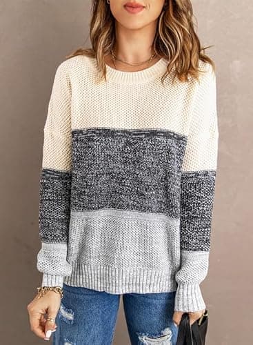 Dokotoo Women's Color Block Sweaters Winter Crewneck Long Sleeve Striped Fall Sweaters for Women Comfy Loose Knit Jumpers Pullovers Tops Gray Small - Thumbnail 3