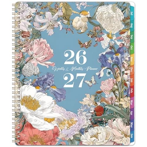 Planner 2026-2027 - Academic Planner, July 2026 - June 2027, 2026-2027 Planners Weekly and Monthly, 8.5" x 11", Colorful Monthly Tabs, Storage Pocket, Spiral Bound for School Office Home - Floral - Image 1