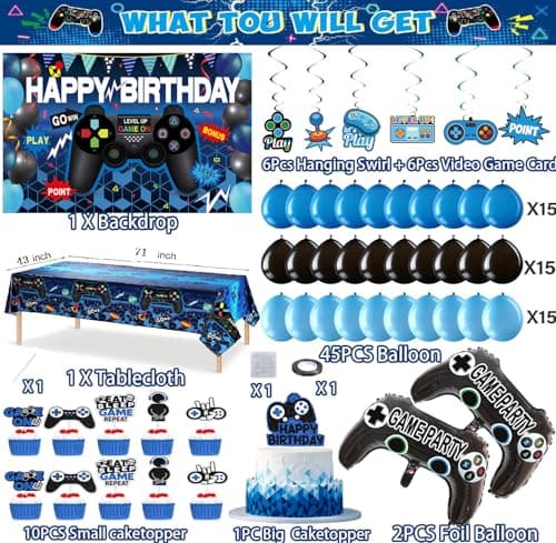 Video Game Party Decorations Set – 75PCS Gamer Birthday Supplies with Gaming ON Backdrop, Table Cover, Hanging Swirls, Cake Toppers, Foil Balloons for Boys & Kids - Thumbnail 3