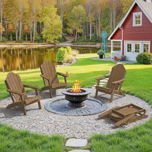 LUE BONA Folding Adirondack Chair, Chairs Set of 4, Cup Holder, Woodgrain, Fire Pit, Patio, Pool, Brown - Image 1