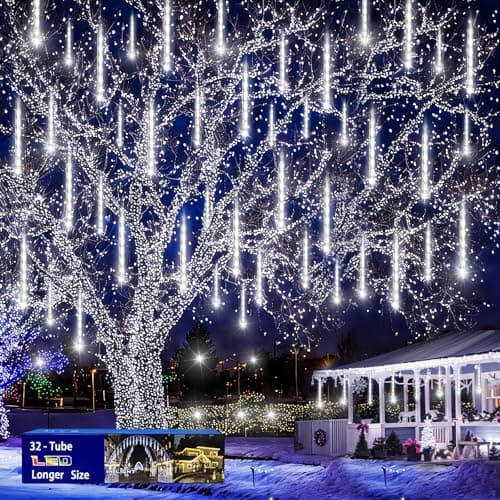Christmas Decoration Outdoors- 32 Tubes (Equivalent to 4 Sets of 8-Tubes) Meteor Shower Rain Lights, White Falling Rain Lights for Christmas Decor Xmas Tree Halloween Yard Wedding Party, UL Plug - Image 1