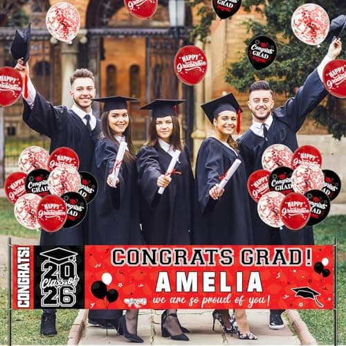 NUTTYBASH Graduation Party Decorations, Red Personalized Class of 2026 Graduation Banner with 78 Alphabet Stickers and Balloons, Congrats Banner for College High School Party Supplies - Thumbnail 2