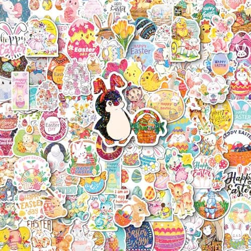 Holographic Easter Stickers for Kids, 100PCS Egg Bunny Stickers for Kids -Easter Egg Stuffers - Vinyl EasterEgg Games Crafts Activities Party Favors Basket Stuffers - Kids Gifts for Boys Girls - Image 1