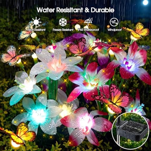Garpar Solar Lights Outdoor Decorative, Upgraded 4 Pack Flowers with 16 Color Changing Lilies and 12 Butterflies, Brighter Waterproof Garden Decor for Yard Lawn Pathway, Mom Women Grandma Gift - Thumbnail 3