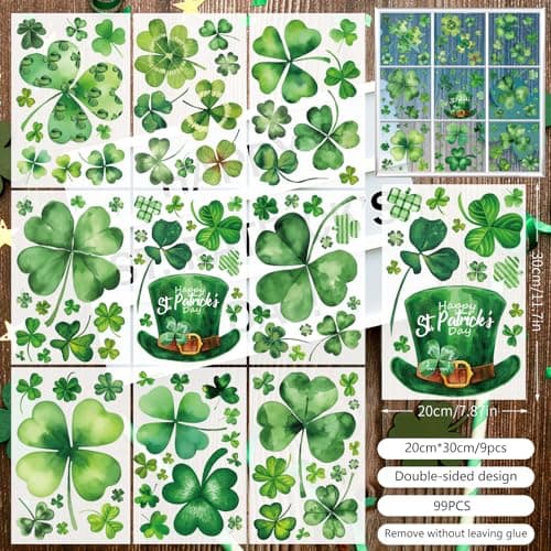 99 PCS St. Patrick’s Day Window Clings – Shamrock Window Stickers for Glass,Double Sided Reusable Static Clings for St. Patrick's Day Decorations,Shamrock Clover Window Decals,No Glue Needed(9 Sheets) - Thumbnail 4