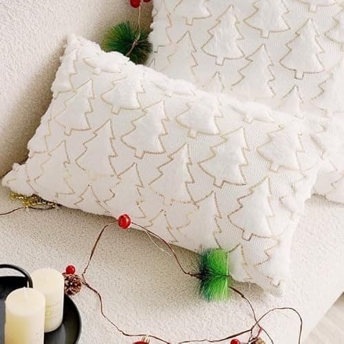 Psythuor Textured Decorative Pillow Covers, 1 Pack 12x20 Inch White Minimal Nordic Tree Pattern Cushion Covers, Soft Plush Fabric with Zipper for Sofa Couch Bed Home Decor - Image 1