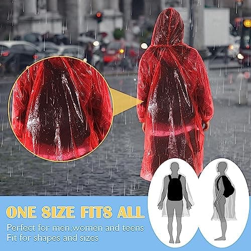12 Pack Clear Rain Ponchos with Hood for Adults, Family, 3 Colors 51.1 Inches Emergency Raincoats (12, Red+ Yellow+ Blue) - Thumbnail 6
