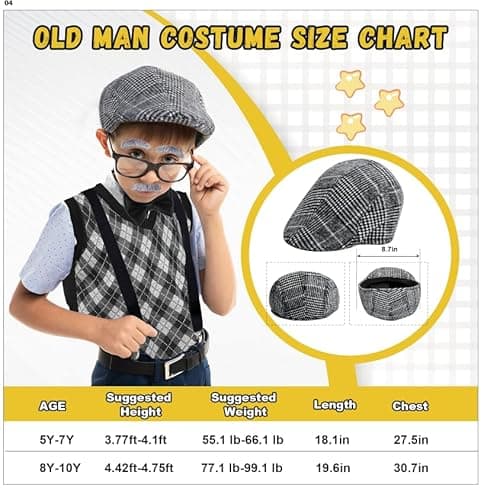 Skirfy 100 Days of School Costume for Boys,Old Man Costume for Kids with Old Man Hat and Grandpa Vest,Cosplay Grandpa Dress Up Accessories for School Parties - Thumbnail 2