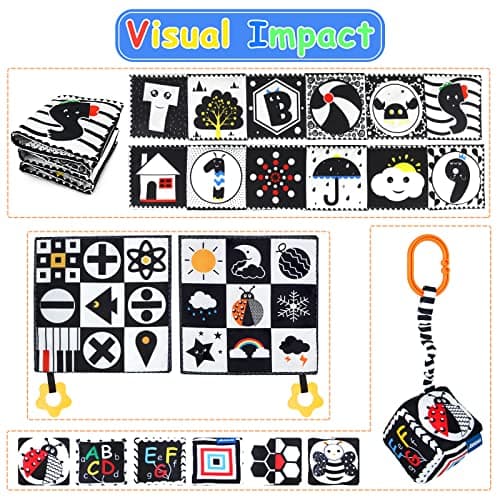 KUANGO 3 PCS Black and White High Contrast Baby Toys Newborn Toys 0-6 Months, Visual Stimulation Sensory Soft Book, Infant Tummy Time Toys 0-3-6 Months Baby Gifts - Thumbnail 2