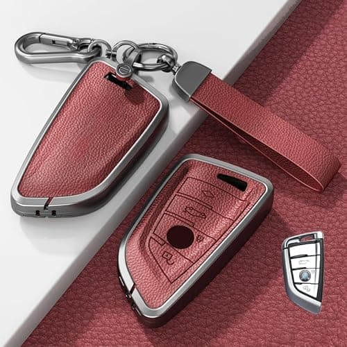VaisbyTown Key Fob Cover & Keychain Set Compatible with BMW 2/5/6/7/X1/X3/X5/X6/GT/330i Series – Metal Shell Protection with Premium Leather(Bordeaux Red)
