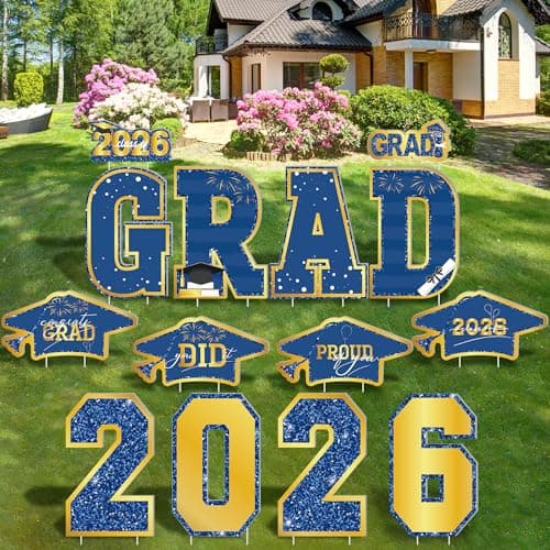 Graduation Yard Signs, 14 PCS Blue Gold Congrats Grad Lawn Stakes, Class of 2026 Yard Signs with Stakes, Graduation Party Decorations Outdoor, Waterproof GRAD Yard Decor for College High School - Image 1