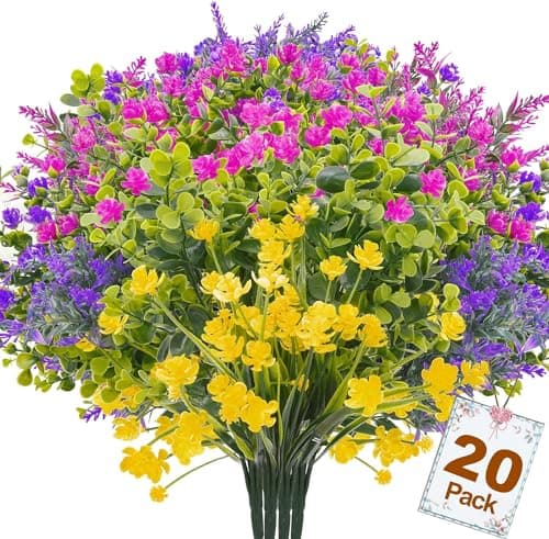 trytuny Artificial Flowers for Outdoor,20 PCS Artificial Greenery Fake Shrubs Flowers,UV Resistant Fake Flowers No Fade Faux Plastic Plants for Outdoor Planters for Home Garden Outside Porch Decor