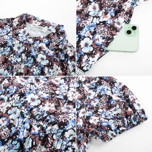 GRACE KARIN Women's 2026 Summer Floral Flowy Dresses Boho Tie Belt Short Puff Sleeve A Line Maxi Shirt Dress with Pocket Black Blue Medium - Thumbnail 6