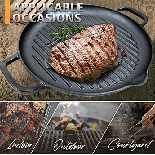 Cast Iron Grill Pan, 12.6 inch Griddle Pan with Dual Handles, Pre-Seasoned Heavy-Duty Cast Iron Skillet for Stovetop, Oven, Indoor & Outdoor BBQ Use - Thumbnail 3