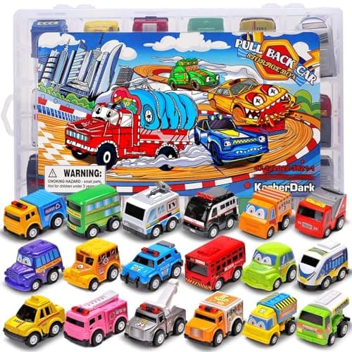 18 Pack Assorted Pull Back Car Toys for Kid with Storage Organizer Box, Mini Model Vehicle Set with Display Case for Child Toddler, Small Play Truck Bulk for Boy and Girl Party Favors, Birthday Gift - Thumbnail 3