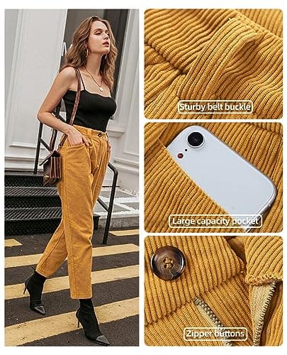 Womens Corduroy Pants Casual High Waisted Straight Leg Vintage Trousers for Women with Pockets (Khaki US 4) - Thumbnail 5