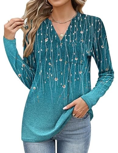 Misakia Long Sleeve Tunic Tops for Women V Neck Dressy Casual Shirts With Pocket Loose Fit 2025 - Image 1