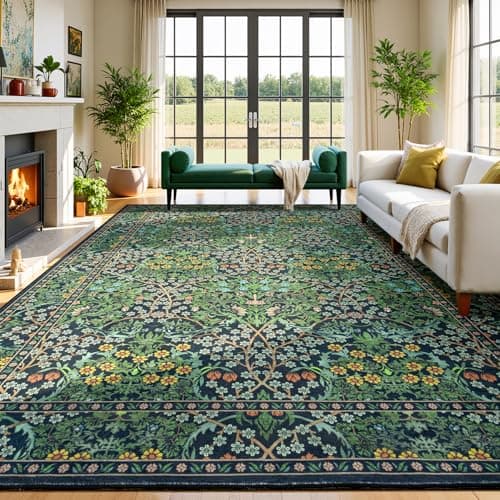 Lessymo Floral Living Room Rug 8x10 Area Rugs, Vintage Forest Washable Rugs for Dining Room Bedroom, Low Pile Non Slip Rubber Green Mat, Distressed Retro Indoor Boho Carpet, Forest Green