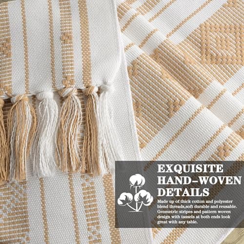 yuboo Boho Table Runner 72 Inches Long, Cream Woven Jacquard Table Runner with Tassels, Neutral Farmhouse Rustic Dresser Runner Decor for Dining Room, Bridal Shower (Geometric Moroccan) - Thumbnail 5