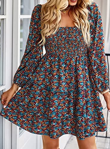BTFBM Womens Long Sleeve Dress Vacation Square Neck Smocked Floral Swiss Dot Mini Boho Fall Wedding Guest Dresses 2025(Floral Blue Orange, Large) - Thumbnail 2