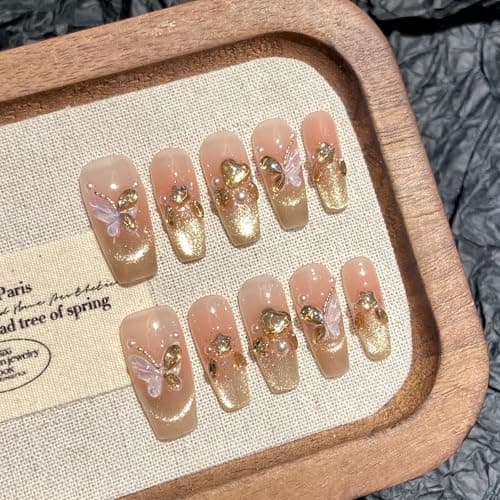 Yacey Handmade Press On Nails – Medium Coffin False Nails for Women, Reusable Acrylic French Tip with Pearl & 3D Buttterfly Cat Eye Design – Salon Quality Fake Nails (10PCS, S）