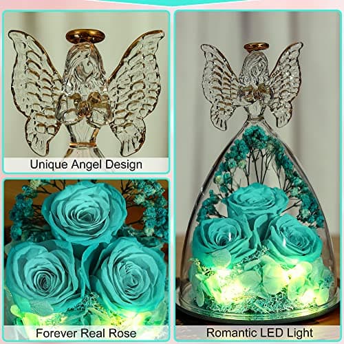 Tiaronics Mothers Day Rose Gifts for Women Preserved Real Flower in Glass Angel Figurines Roses for Delivery Prime Birthday Gifts for Mom Grandma Girlfriend Wife Her - Tify Blue - Thumbnail 5