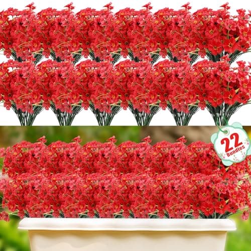Powbrace 22 Pack Artificial Flowers Outdoor, Faux Flowers UV Resistant with Plastic Plants, Faux Silk Flowers for Outdoors Outside Front Porch Hanging Planter Window Box Garden Decoration(Red) - Image 1