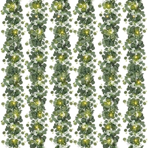 N&T NIETING 6 Pack Artificial Eucalyptus Garland with Lights, 6FT Artificial Greenery Garlands, Battery Operated Twig Vine for Room Stairs Mantle Wedding Holiday Easter Decoration Indoor Outdoor - Image 1