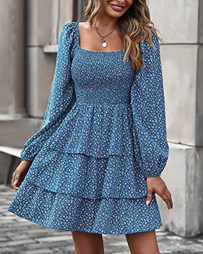 BTFBM Womens Long Sleeve Dress Vacation Square Neck Smocked Floral Swiss Dot Mini Boho Spring Wedding Guest Dresses 2026(Floral Royal Blue, X-Large) - Thumbnail 2