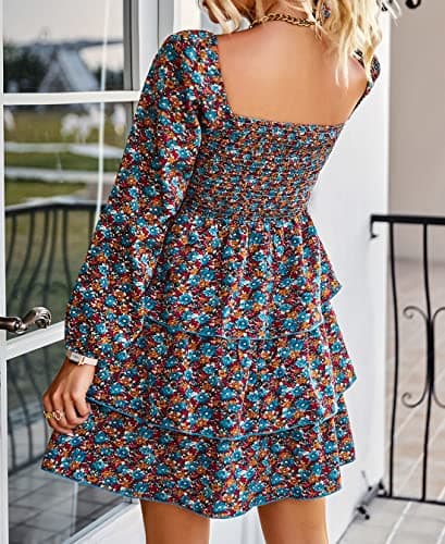 BTFBM Womens Long Sleeve Dress Vacation Square Neck Smocked Floral Swiss Dot Mini Boho Fall Wedding Guest Dresses 2025(Floral Blue Orange, Large) - Thumbnail 3
