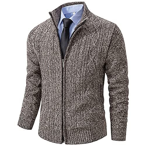 Msmsse Mens Casual Stand Collar Cardigan Zip Up Cable Knitted Sweater with Pockets Coffee S - Image 1