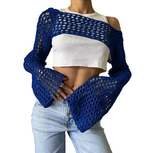 hathne Women Hollow Out Sweater Crop Flounce Off See Through Crochet Top Trumpet Long Sleeve Knit Top(Dark Blue,M) - Image 1
