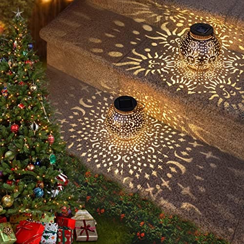 Go2garden 2Pack Solar Lanterns Outdoor Waterproof Garden Gifts for Mom Moon Star Sun Solar Lights for Balcony, Yard,Birthday Mothers Day Gifts for Grandma Wife (Bronze) - Image 1