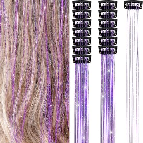 Hair Tinsel 12Pcs Clip in Hair Tinsel Extensions 20.5 Inch Fairy Hair Tinsel Kit for Girls Women Kids Glitter Hair Accessories for Christmas Halloween Cosplay Party (Purple) - Image 1