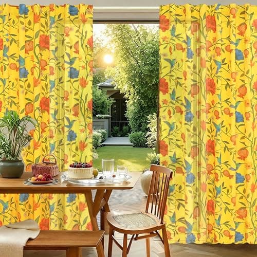 JOOJA Bird Floral Linen Bedroom Curtains 2 Panels 84 Inches Mustard Yellow Printed Window Patterned Colorful Kitchen Sheer Curtains for Bedroom Living Room Semi Blackout - Thumbnail 6