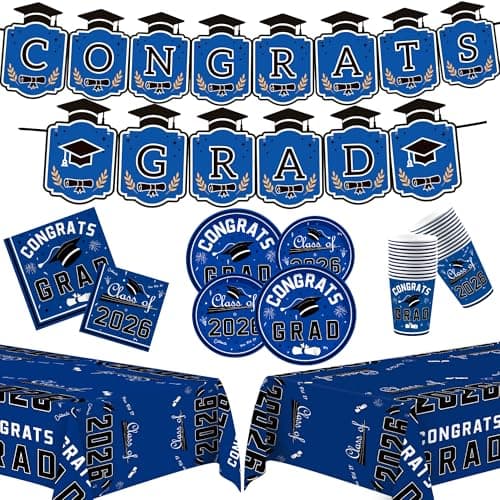 OHOME Graduation Decorations 2026 - Graduation Decorations Class of 2026 - Serve 24 - Blue Plates Tablecloth Napkins Cups Banner - Graduation Party Favors Supplies - Image 1