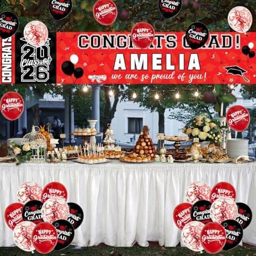 NUTTYBASH Graduation Party Decorations, Red Personalized Class of 2026 Graduation Banner with 78 Alphabet Stickers and Balloons, Congrats Banner for College High School Party Supplies - Thumbnail 6