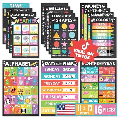 Hadley Designs 16 Educational Posters for Toddlers 1-3 - Learning Poster for Kids Ages 3-5, Alphabet Chart Playroom Homeschool Daycare & Classroom Decor, Kindergarten & Preschool Classroom Must Haves - Image 1