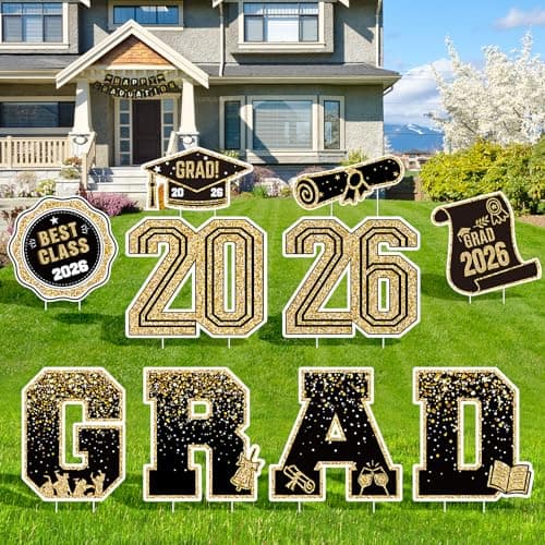 2026 Graduation Decorations Yard Signs – 10PCS Black and Gold Congrats Grad Lawn Decorations with Stakes, Graduation Party Supplies, Large Outdoor Graduation Party Decor for High School & College - Image 1