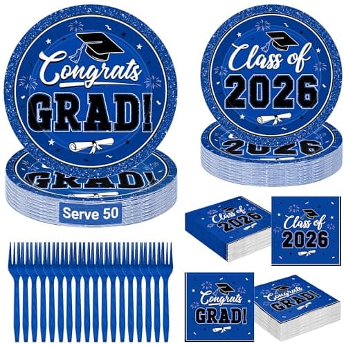 200Pcs Graduation Decorations 2026, Blue Graduation Plates and Napkins Party Supplies for 50 Guests, Disposable Grad Plates, Napkins, Dessert Plates and Forks for Grad Decor Wedding Birthday Supplies - Image 1