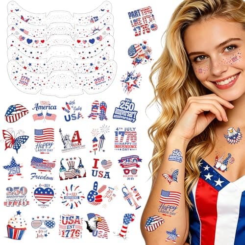4th of July Glitter Freckles Face Tattoo 6Pcs & Patriotic Temporary Tattoos Stickers 50Pcs,250th Independence Day Accessories,Red White Blue Face & Body Fake Tattoo Kit for Adult,Kids,Women Makeup