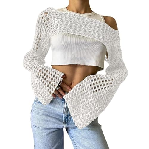 hathne Women Hollow Out Sweater Crop Flounce Off See Through Crochet Top Trumpet Long Sleeve Knit Top(White,L) - Image 1