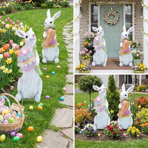 2 PCS Large Easter Decorations Outdoor Easter Yard Signs Easter Yard Decorations with Metal Stakes Bunny Decorations Easter Outdoor Garden Sign Waterproof Lawn Signs for Pathway Walkway - Thumbnail 3