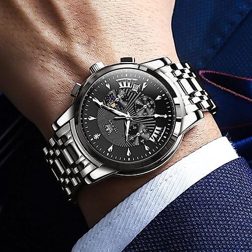 OLEVS Watch Men Black and Silver Watches for Men Luxury Stainless Steel Mens Watches Waterproof Luminous Large Face Classic Chronograph Analog Quartz Mens Wrist Watch Date Dress Reloj para Hombre - Thumbnail 4