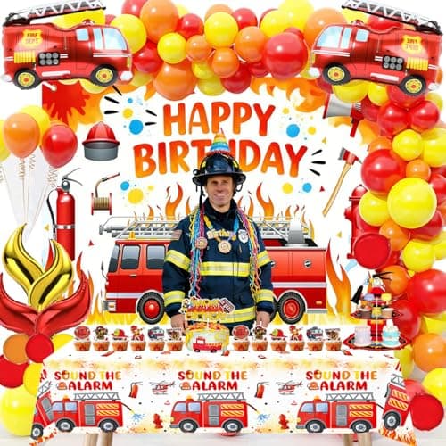 Fire Truck Birthday Party Decorations Kit – Fire Truck Balloon, Firefighter Theme Supplies with Backdrop, Table Cover, Cake Toppers, Balloons for Kids & Boys Rescue Party - Thumbnail 4