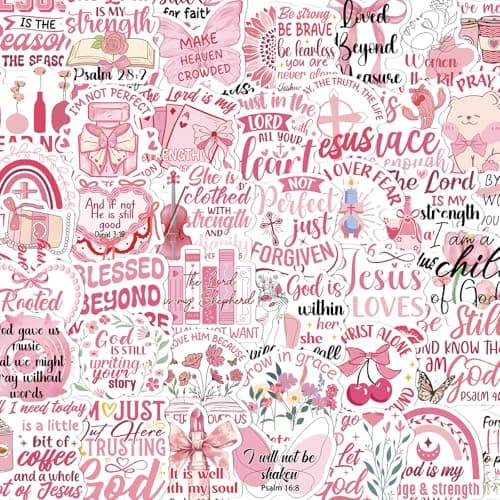 Falueqg Bible Verse Christian Stickers - 50Pcs Pink Jesus God Stickers, Inspirational Scripture Faith Based Decals, Religious Prayer Sticker for Women Teens Girls Decor Water Bottles Laptop Scrapbook - Image 1